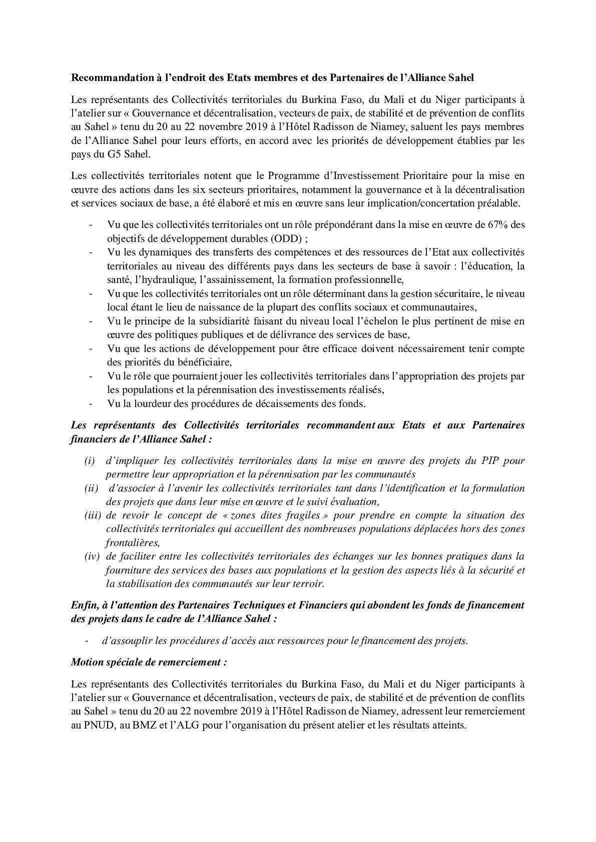 Recommandation des Collectivités Territoriales à l’endroit des Etats membres et des Partenaires de l’Alliance Sahel